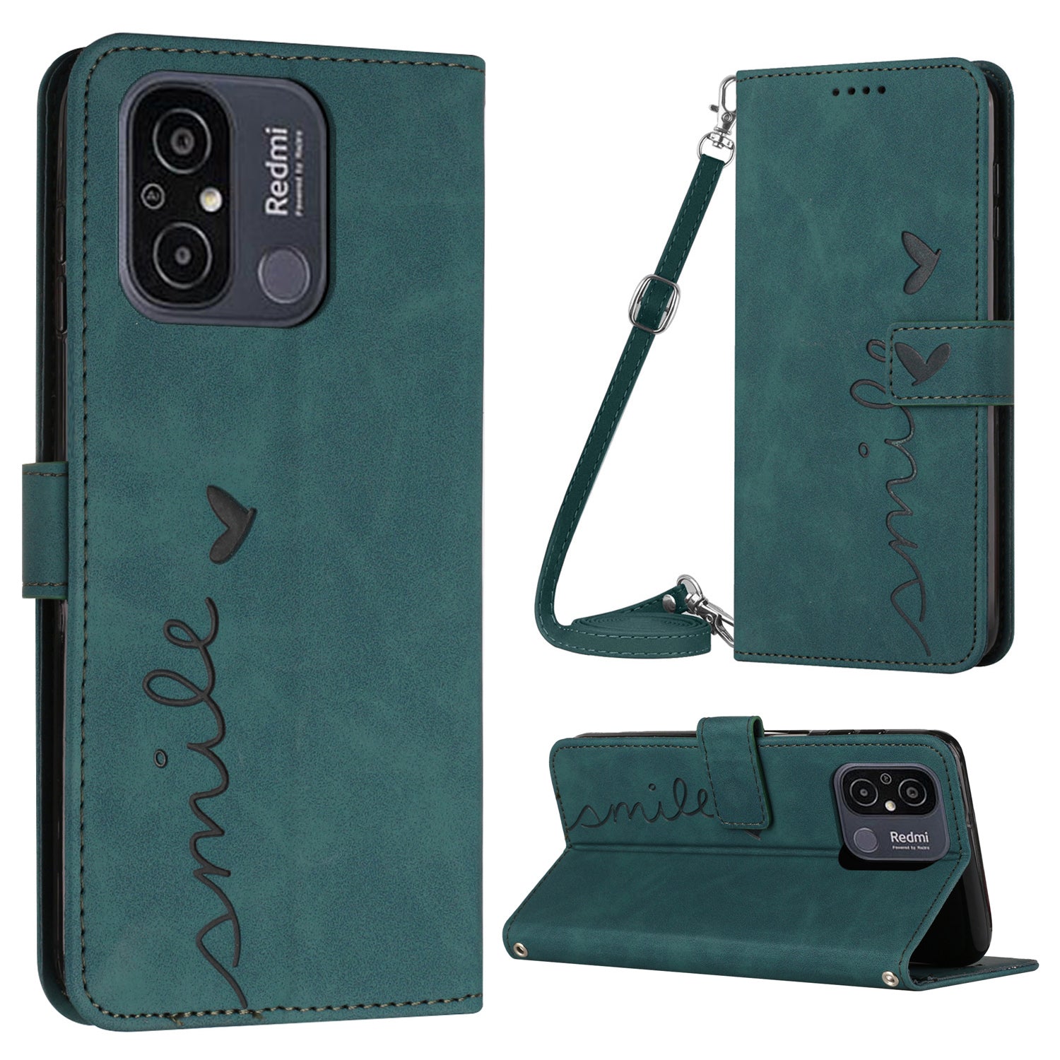 For Xiaomi Redmi 12C 4G 11A 4G Phone Case Imprinted Heart Shape Stand Wallet Leather Phone Cover with Shoulder Strap