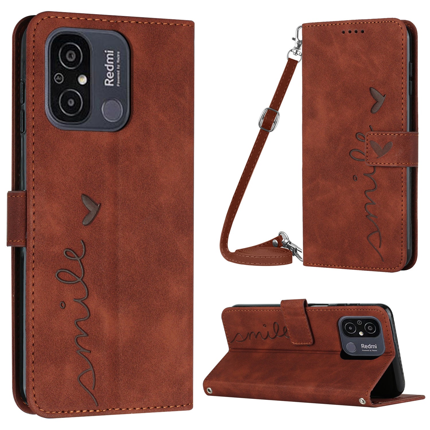 For Xiaomi Redmi 12C 4G 11A 4G Phone Case Imprinted Heart Shape Stand Wallet Leather Phone Cover with Shoulder Strap