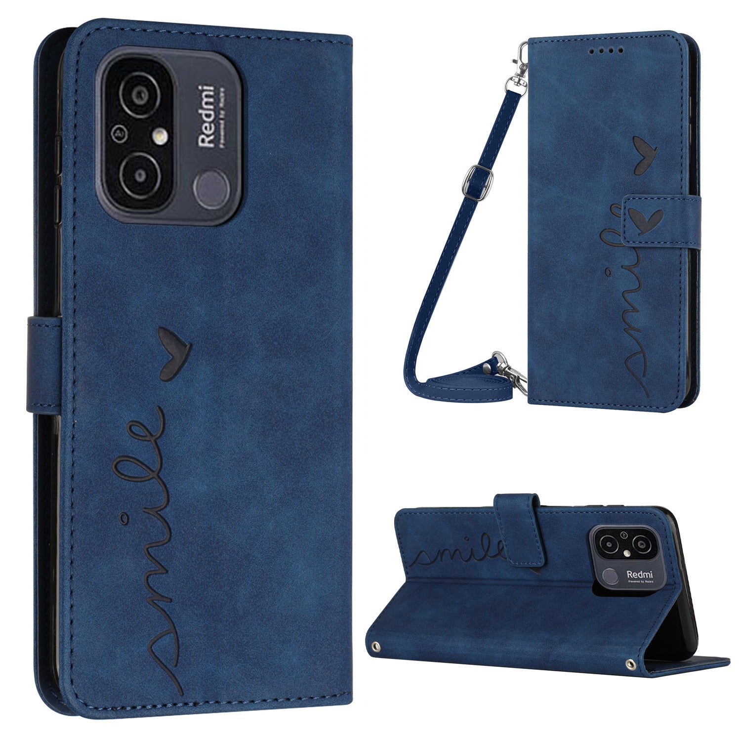 For Xiaomi Redmi 12C 4G 11A 4G Phone Case Imprinted Heart Shape Stand Wallet Leather Phone Cover with Shoulder Strap