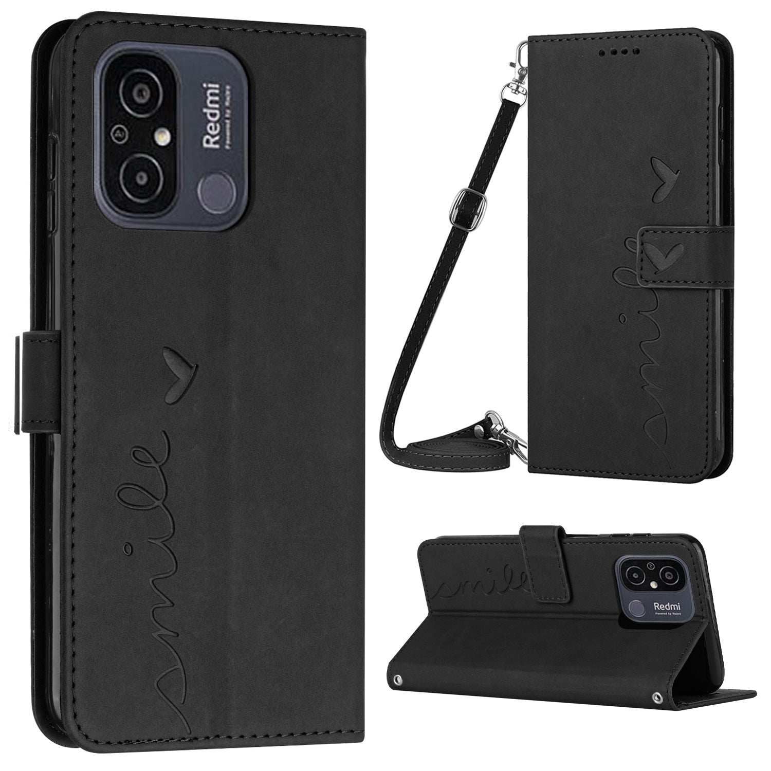For Xiaomi Redmi 12C 4G 11A 4G Phone Case Imprinted Heart Shape Stand Wallet Leather Phone Cover with Shoulder Strap