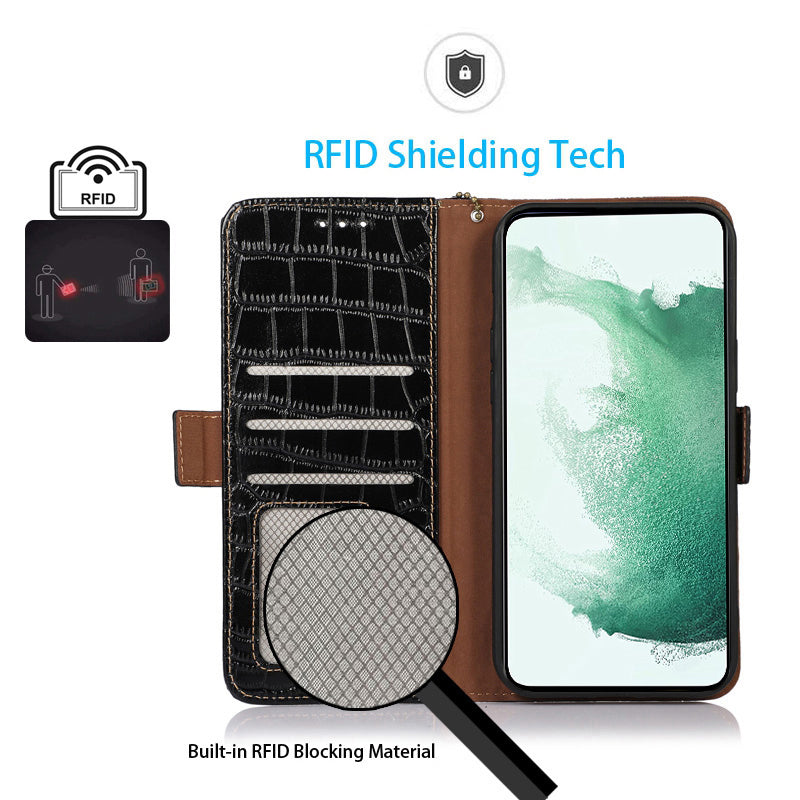 Anti-drop Phone Case for Samsung Galaxy A24 4G RFID Blocking Stand Wallet Genuine Cowhide Leather Phone Cover