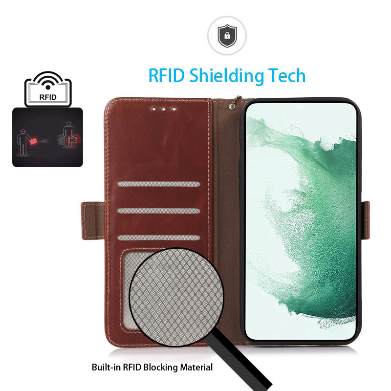 Anti-drop Phone Cover For Samsung Galaxy A24 4G RFID Blocking Genuine Cowhide Leather Case Wallet Stand