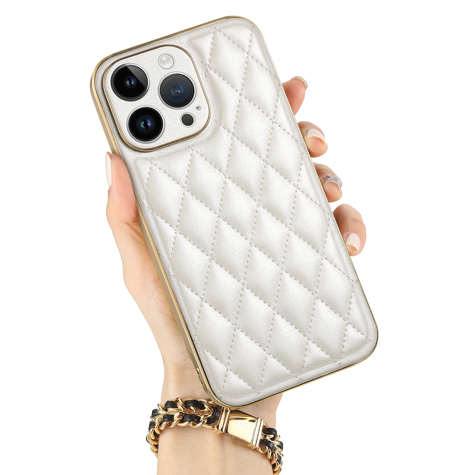 SUTENI For iPhone 14 Pro Small Rhombus Design Shockproof Phone Case PU Leather Coated TPU PC Electroplating Protective Cover