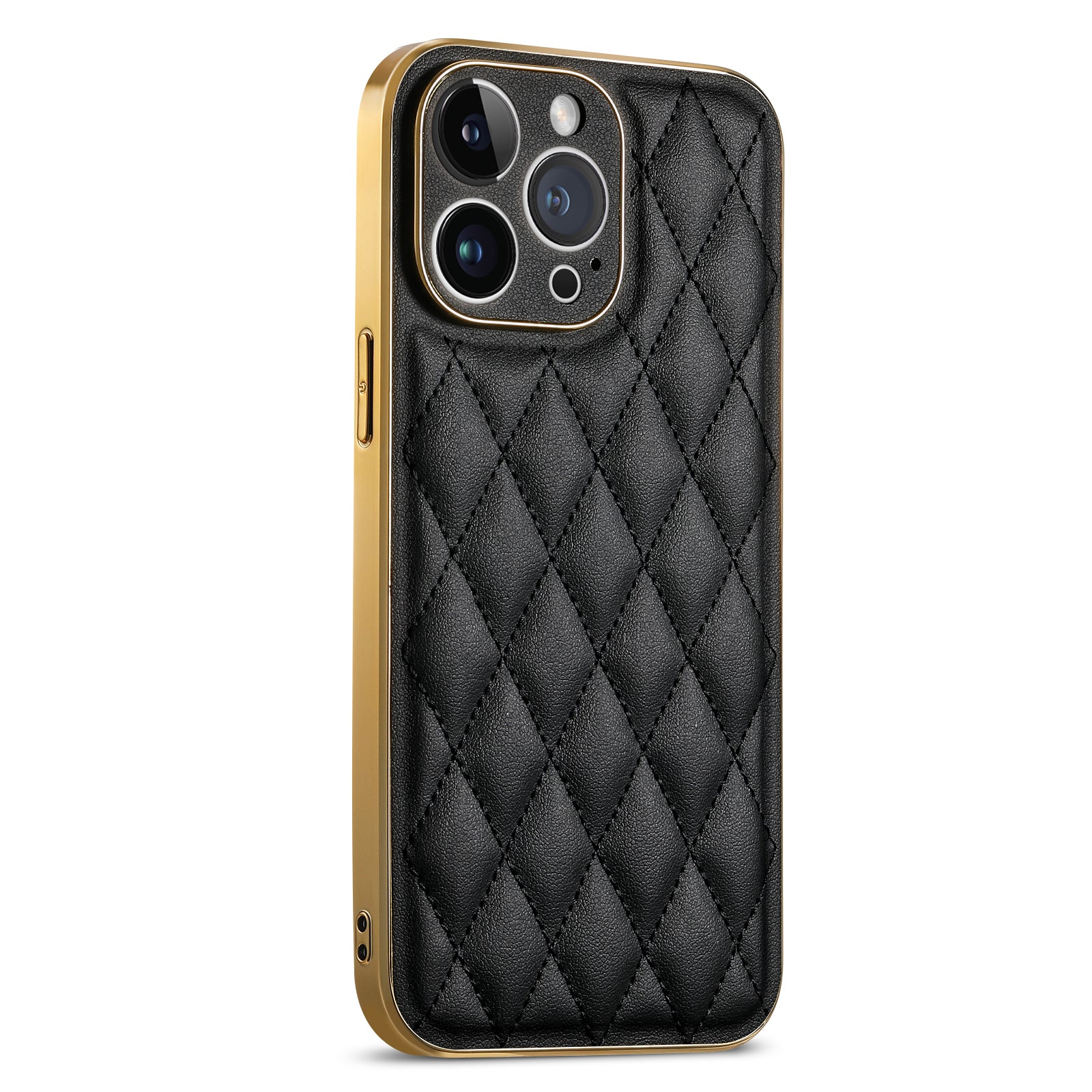 SUTENI For iPhone 14 Pro Max Small Rhombus Design Anti-drop Phone Case PU Leather Coated TPU PC Electroplating Back Cover