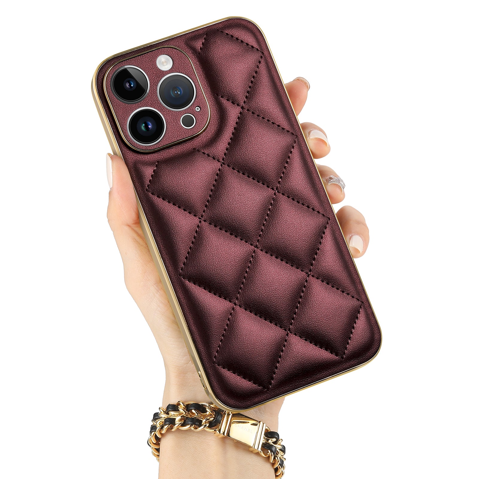 SUTENI For iPhone 14 Pro Large Rhombus Design Shockproof Phone Case Electroplating PU Leather Coated TPU PC Back Cover