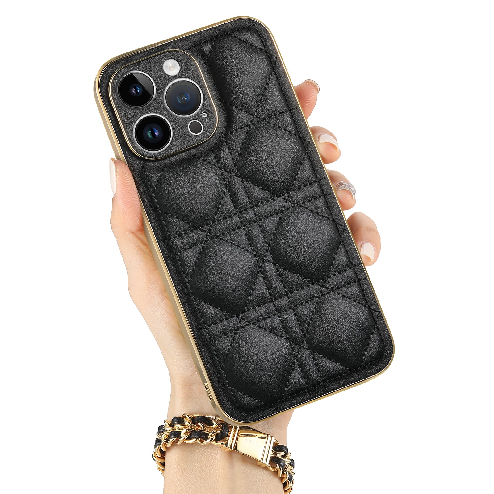 SUTENI For iPhone 14 Pro Max Rhombus Design Skin-touch PU Leather Coated TPU PC Phone Case Electroplating Drop-proof Cover