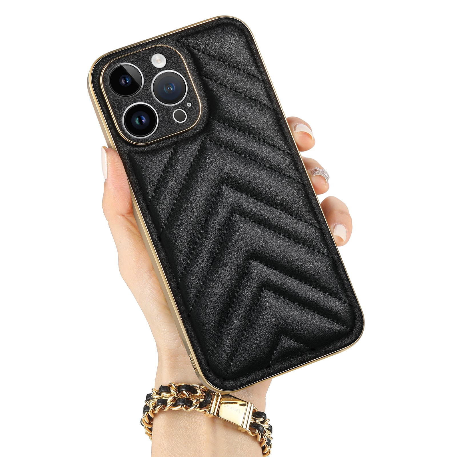 For iPhone 14 Pro V-shape Suture Phone Case PU Leather Coated PC TPU Hybrid Protective Phone Cover