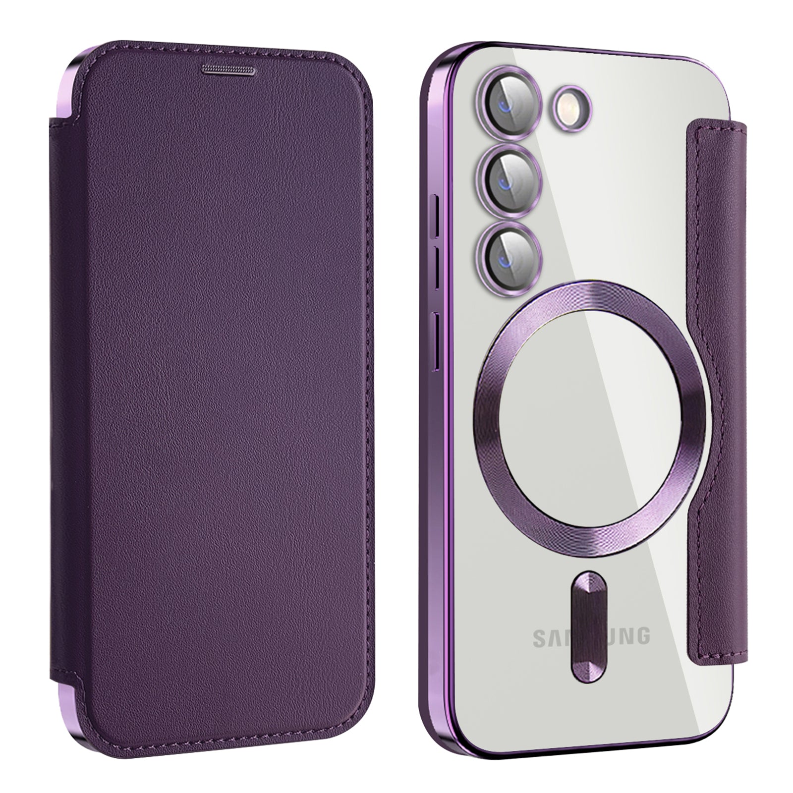 Magnetic Phone Case for Samsung Galaxy S23 PU Leather TPU Clear RFID Blocking Flip Cover with Lens Film