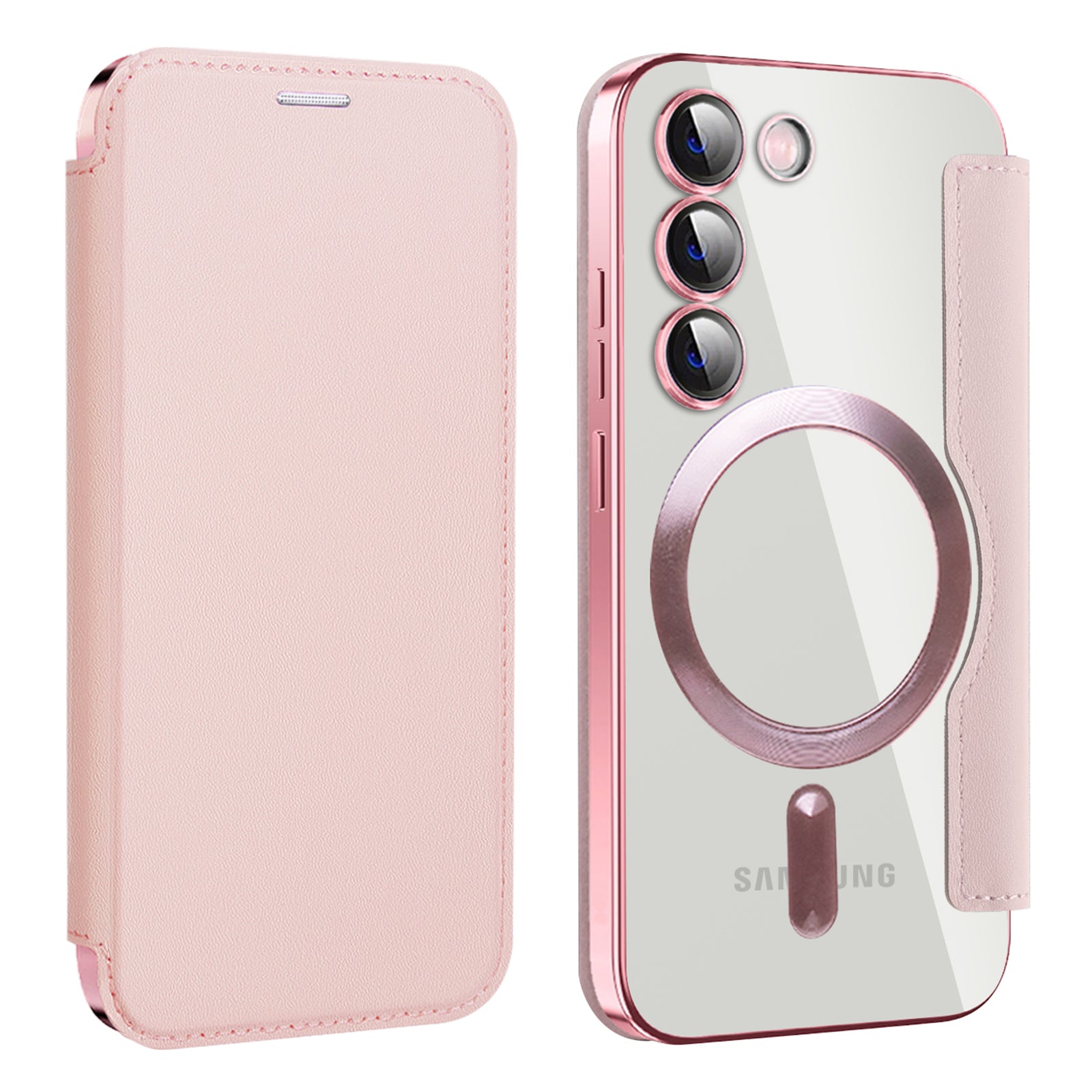 Magnetic Phone Case for Samsung Galaxy S23 PU Leather TPU Clear RFID Blocking Flip Cover with Lens Film