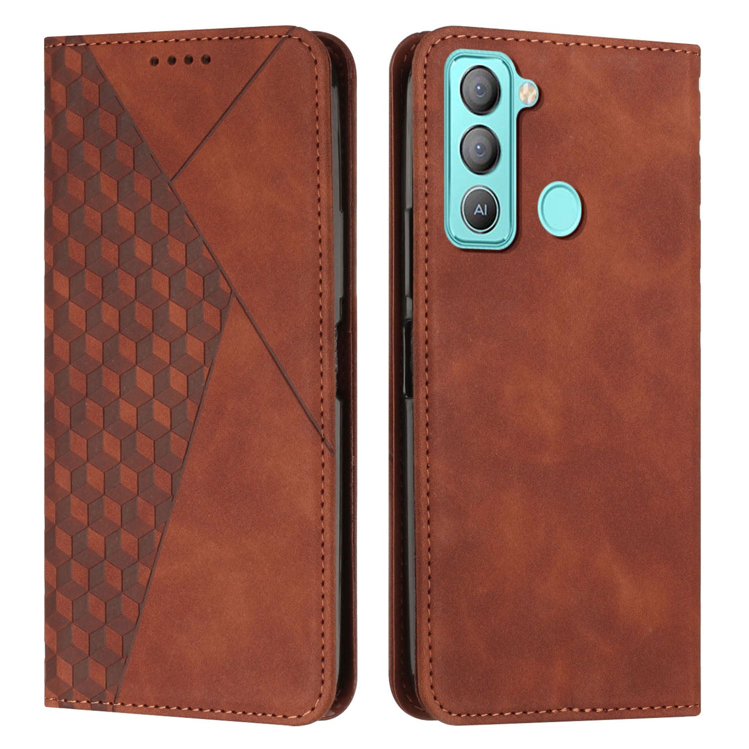 For Tecno Pop 5 LTE 4G Skin-feel Rhombus Texture Phone Case Magnetic Leather Stand Wallet Phone Cover