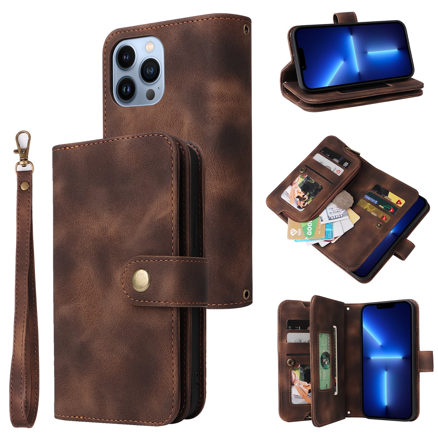 Zipper Pocket Phone Stand Case for iPhone 13 Pro Max Multifunctional Leather Wallet Cover with Straps