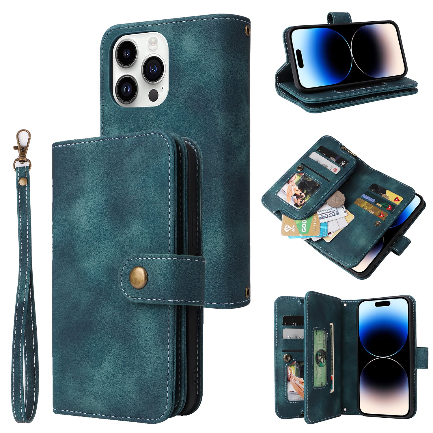 Phone Leather Case for iPhone 13 Pro Multifunctional Zipper Pocket Stand Wallet Phone Cover with Straps