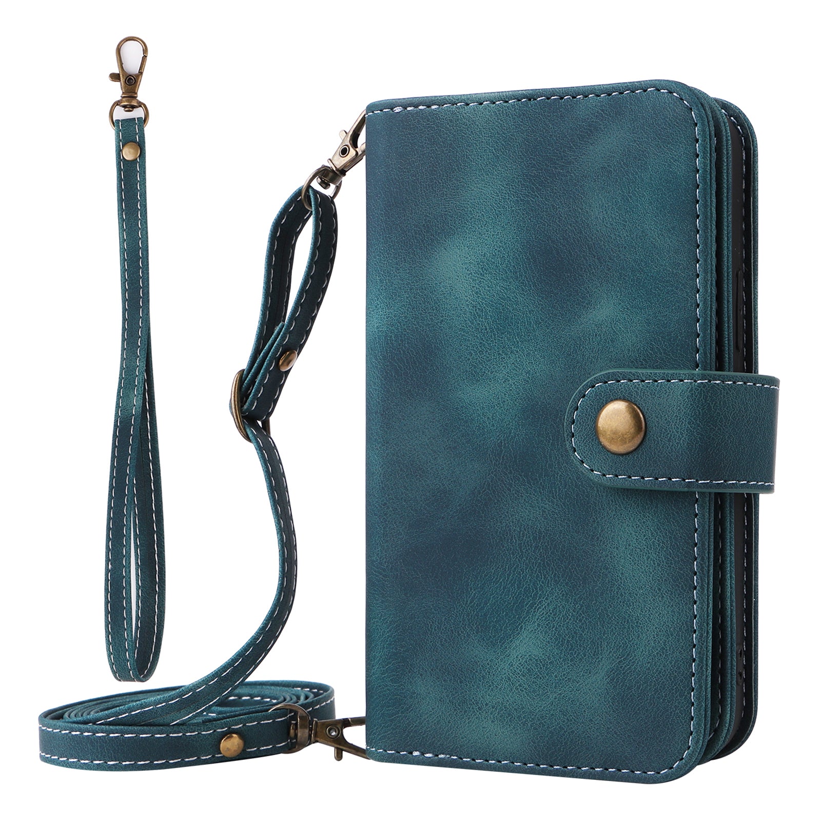 Phone Leather Case for iPhone 13 Pro Multifunctional Zipper Pocket Stand Wallet Phone Cover with Straps