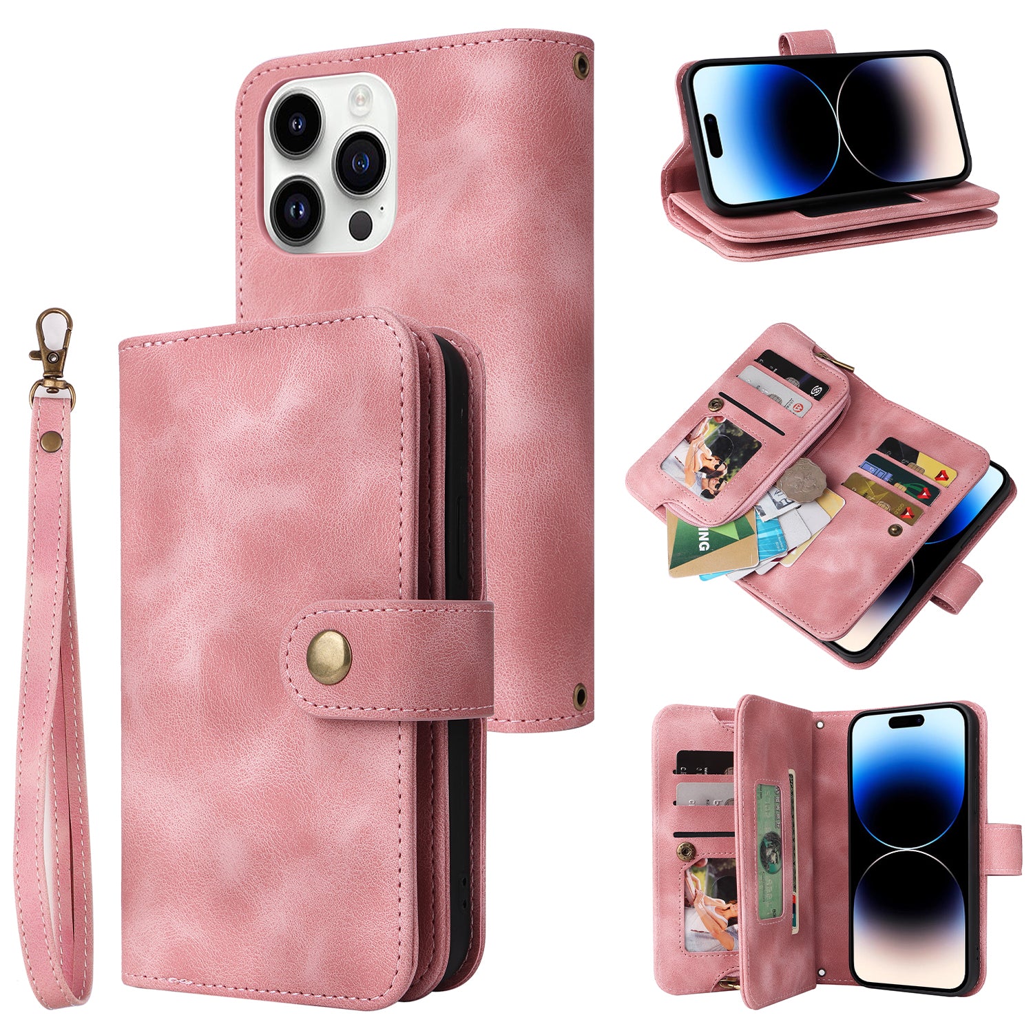 Phone Leather Case for iPhone 13 Pro Multifunctional Zipper Pocket Stand Wallet Phone Cover with Straps