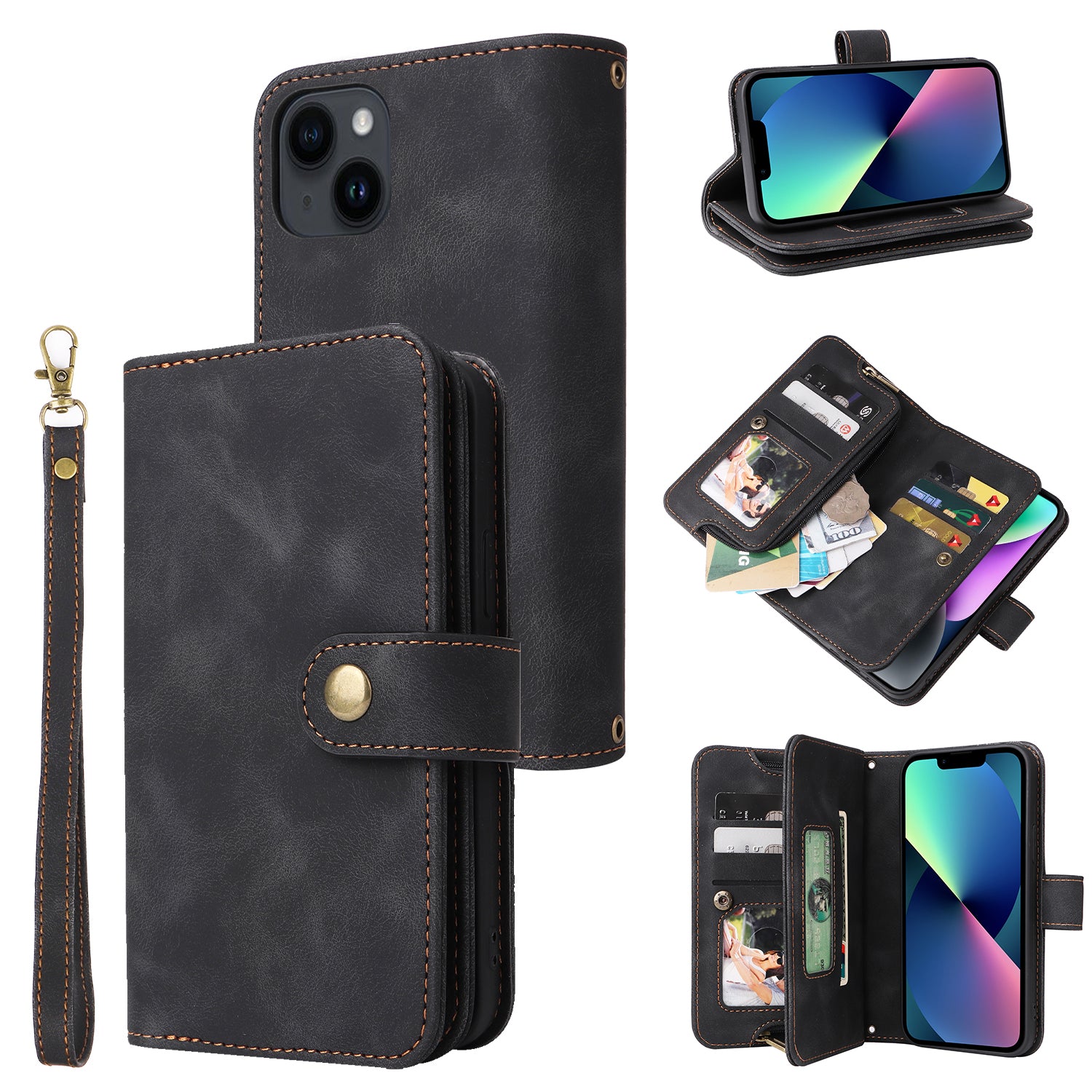 Multifunctional Phone Case for iPhone 13 PU Leather Zipper Pocket Stand Wallet Phone Cover with Straps