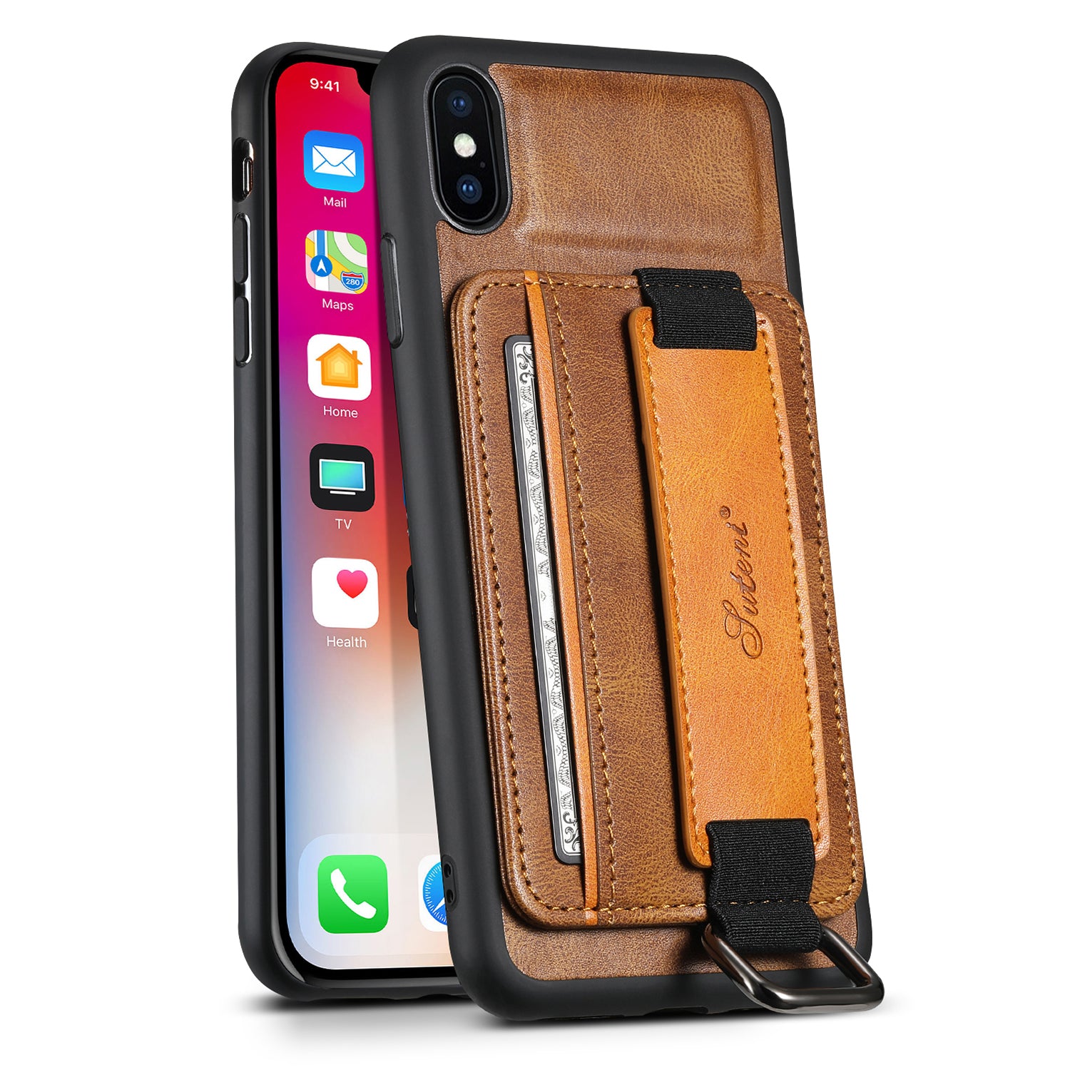 SUTENI H13 håndrem Kickstand telefontaske til iPhone XS Max kortholder PU læderbelagt PC TPU cover