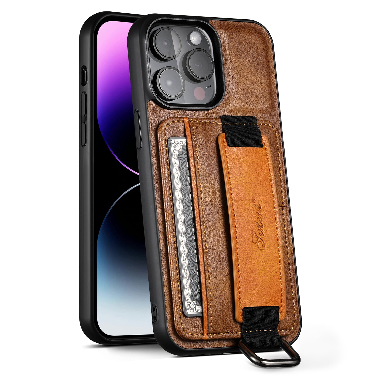 SUTENI H13 Phone Kickstand Case with Hand Strap for iPhone 14 Pro Max Card Holder Leather Coated PC TPU Cover