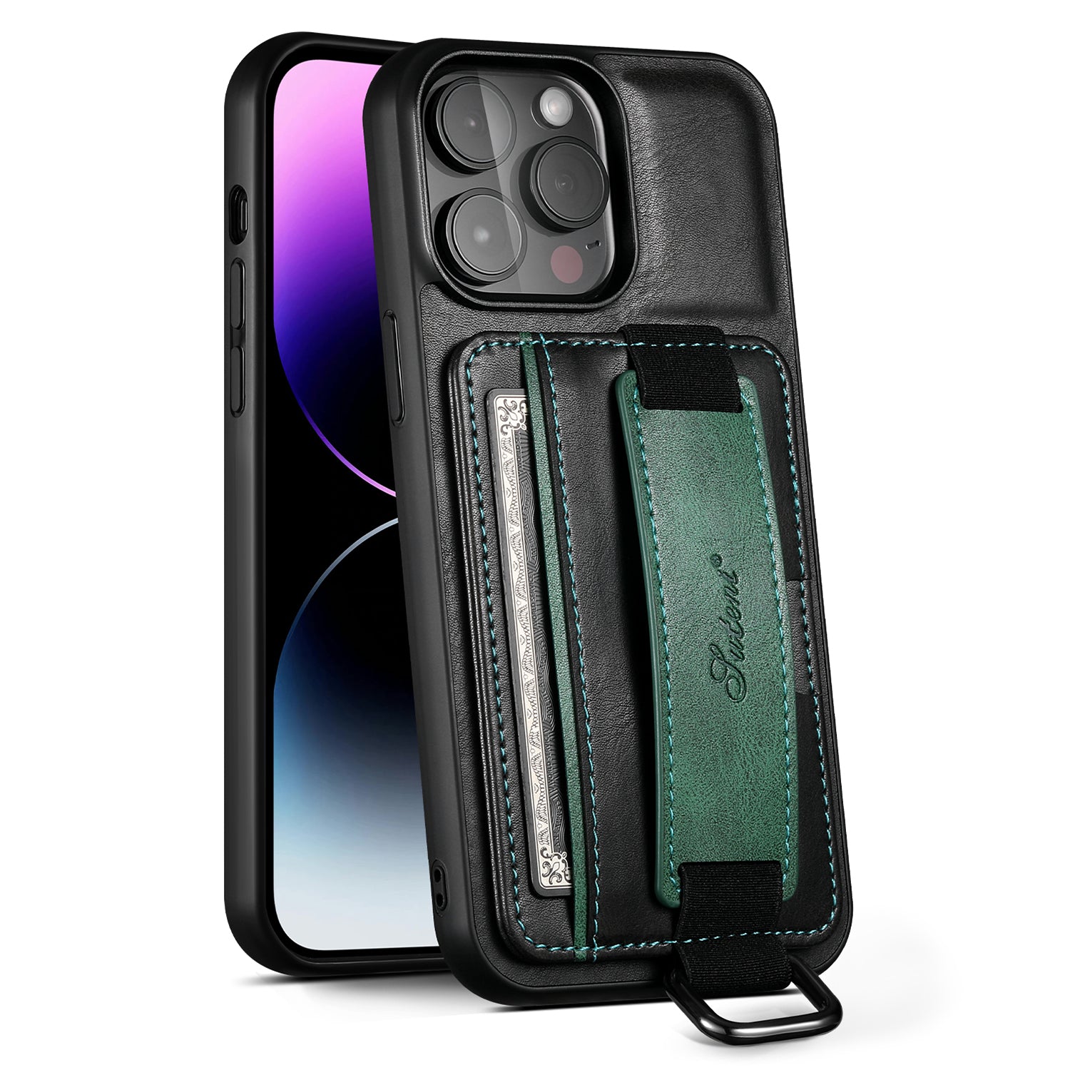 SUTENI H13 Telefon Kickstand Case med håndstrop til iPhone 14 Pro Max kortholder Lædercoated PC TPU cover