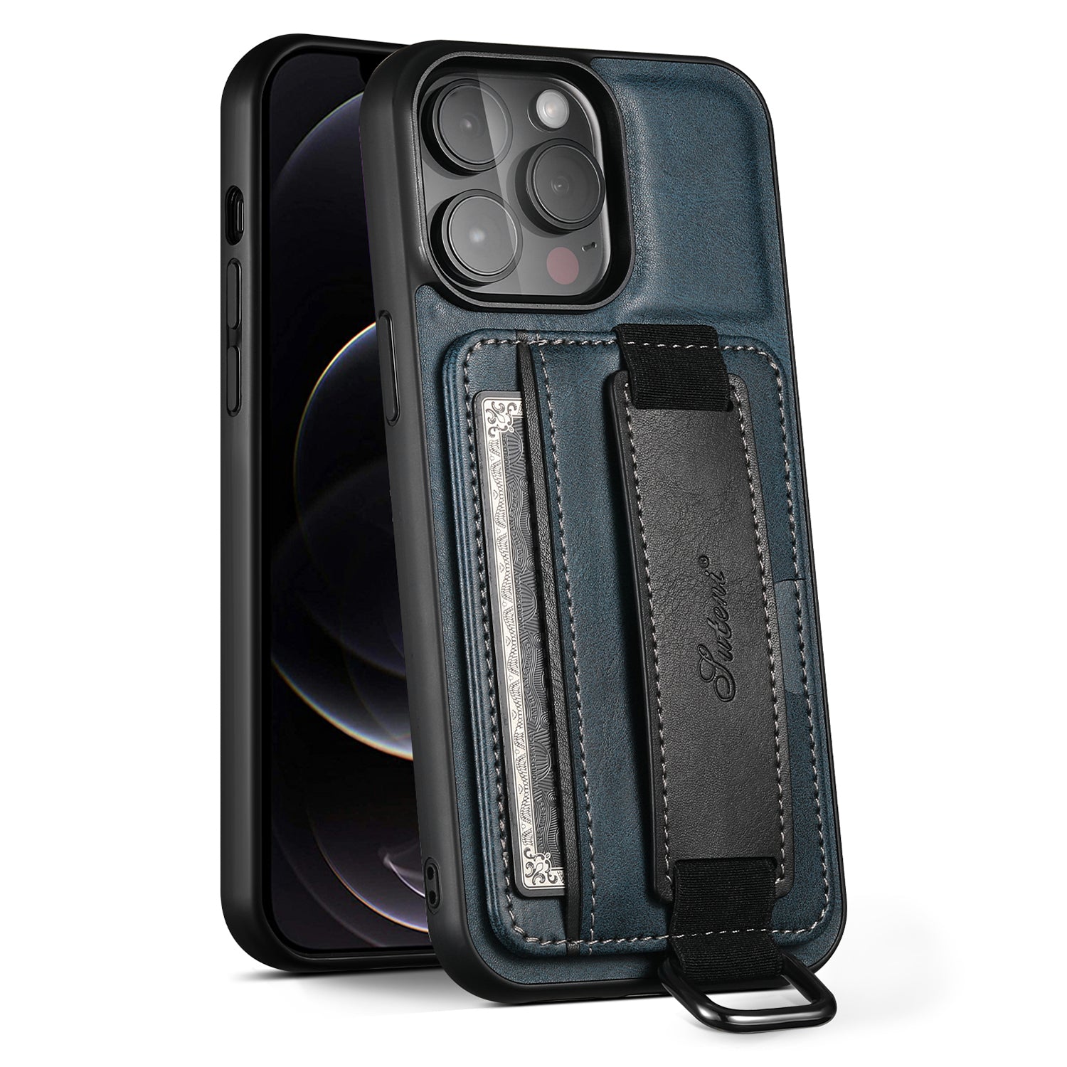 SUTENI H13 Card Holder Phone Case for iPhone 12 Pro Leather Coated PC TPU Kickstand Phone Cover with Hand Strap