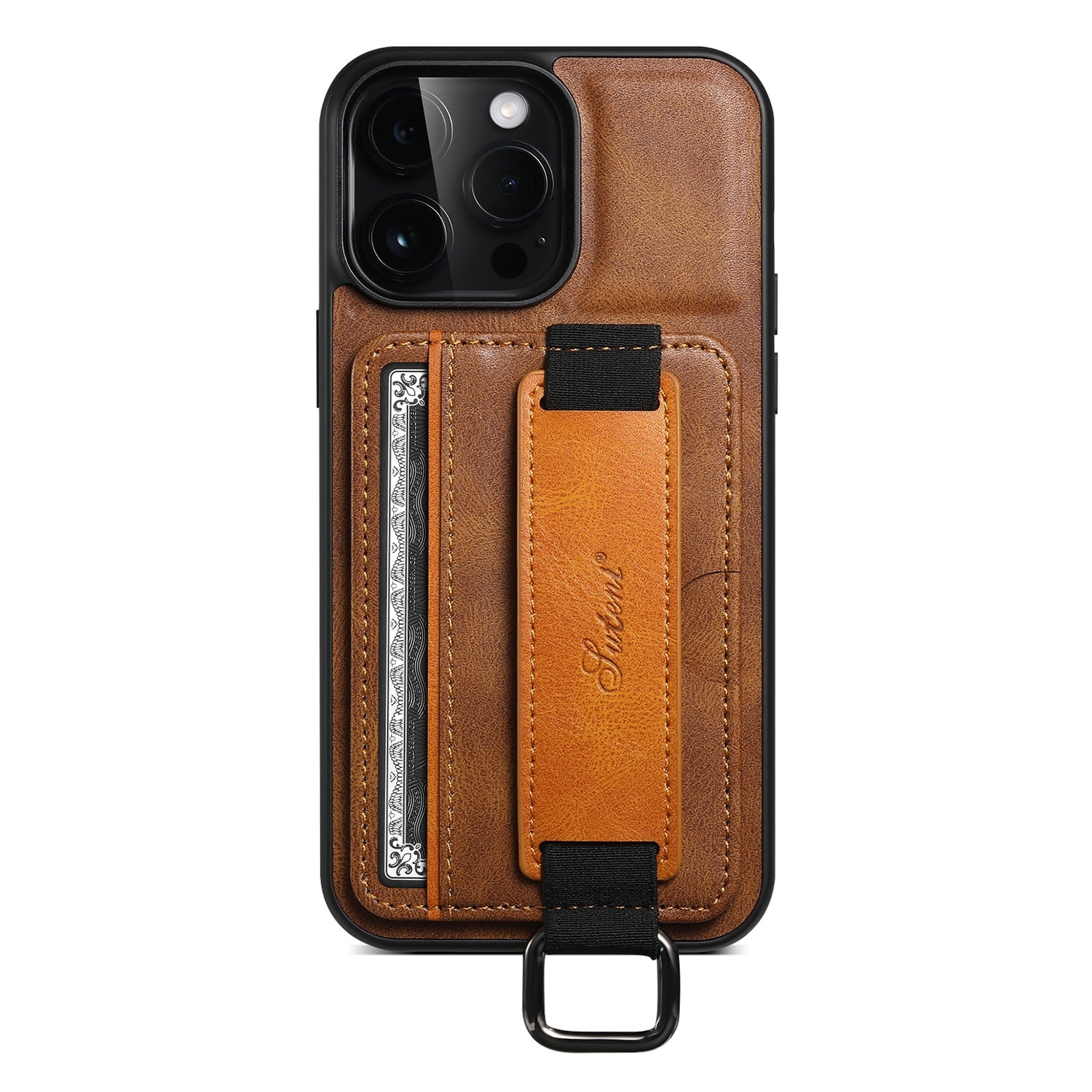 SUTENI H13 Card Holder Phone Case for iPhone 12 Pro Leather Coated PC TPU Kickstand Phone Cover with Hand Strap