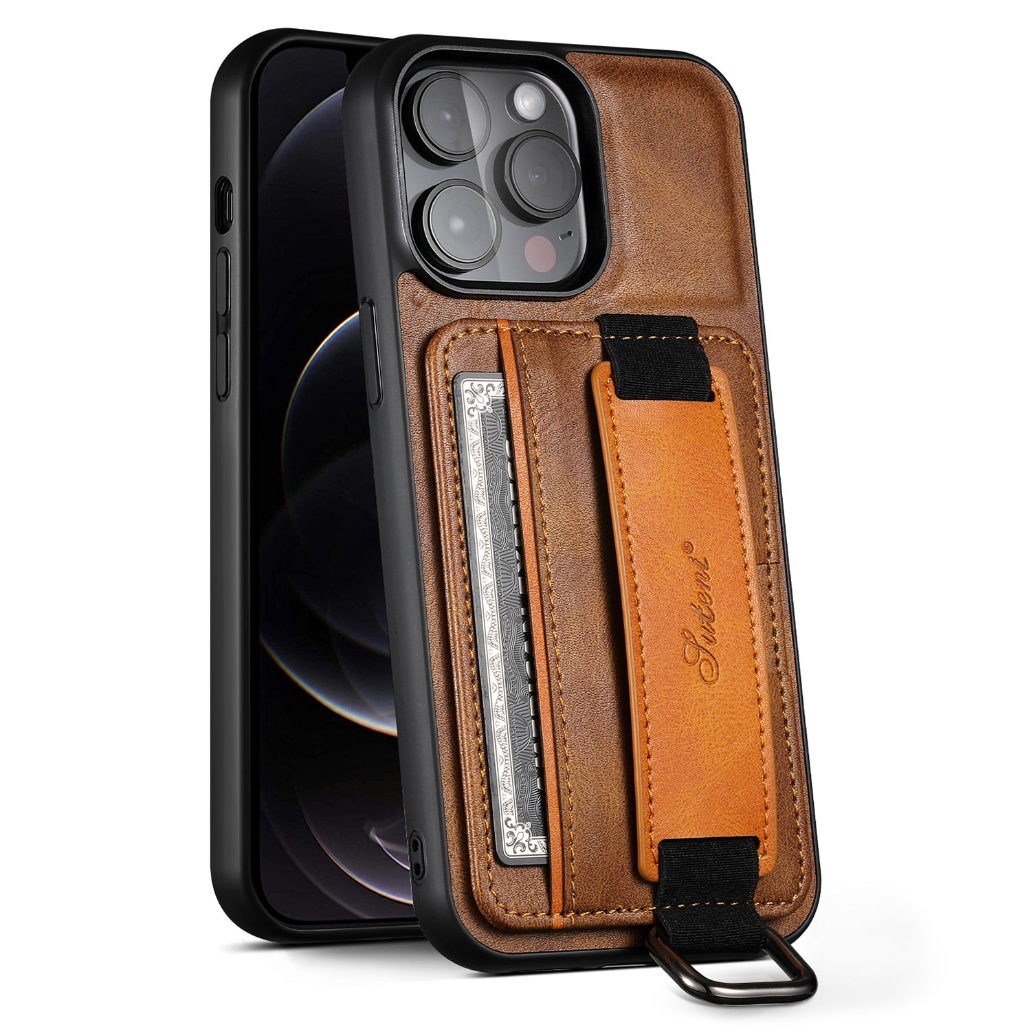 SUTENI H13 Phone Kickstand Case til iPhone 12 Pro Max Kortholder Lædercoated PC TPU Håndstrop Telefon Cover