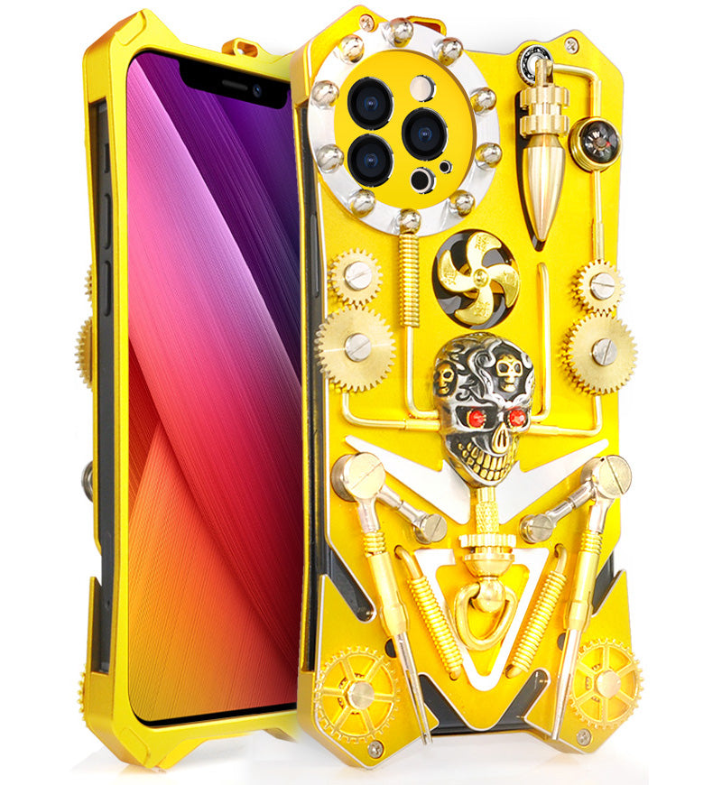 Mechanical Gear Metal Phone Case for iPhone 13 Pro Max 6.7 inch Gothic Skull Toy Shockproof Cover
