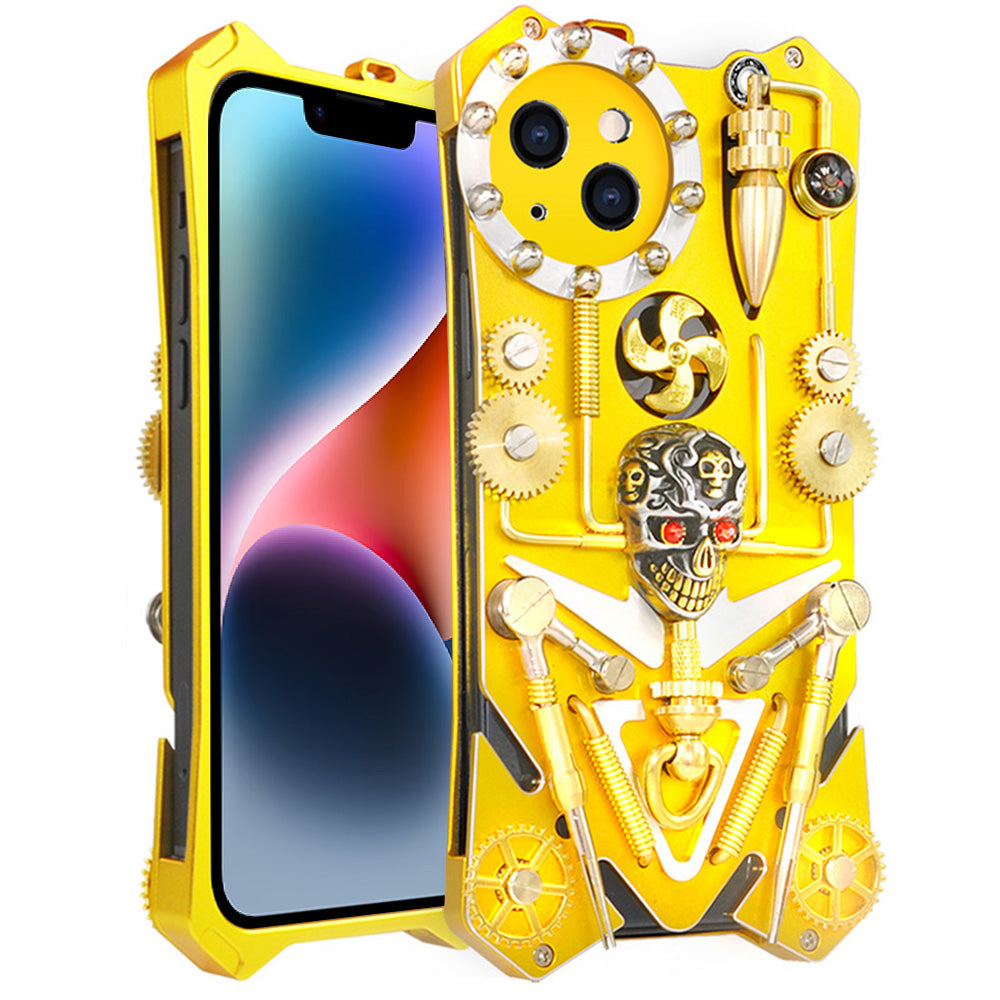 Pro iPhone 14 Metal Mechanical Gear Armor Case Ručně vyrobený Skull Shockproof Phone Cover