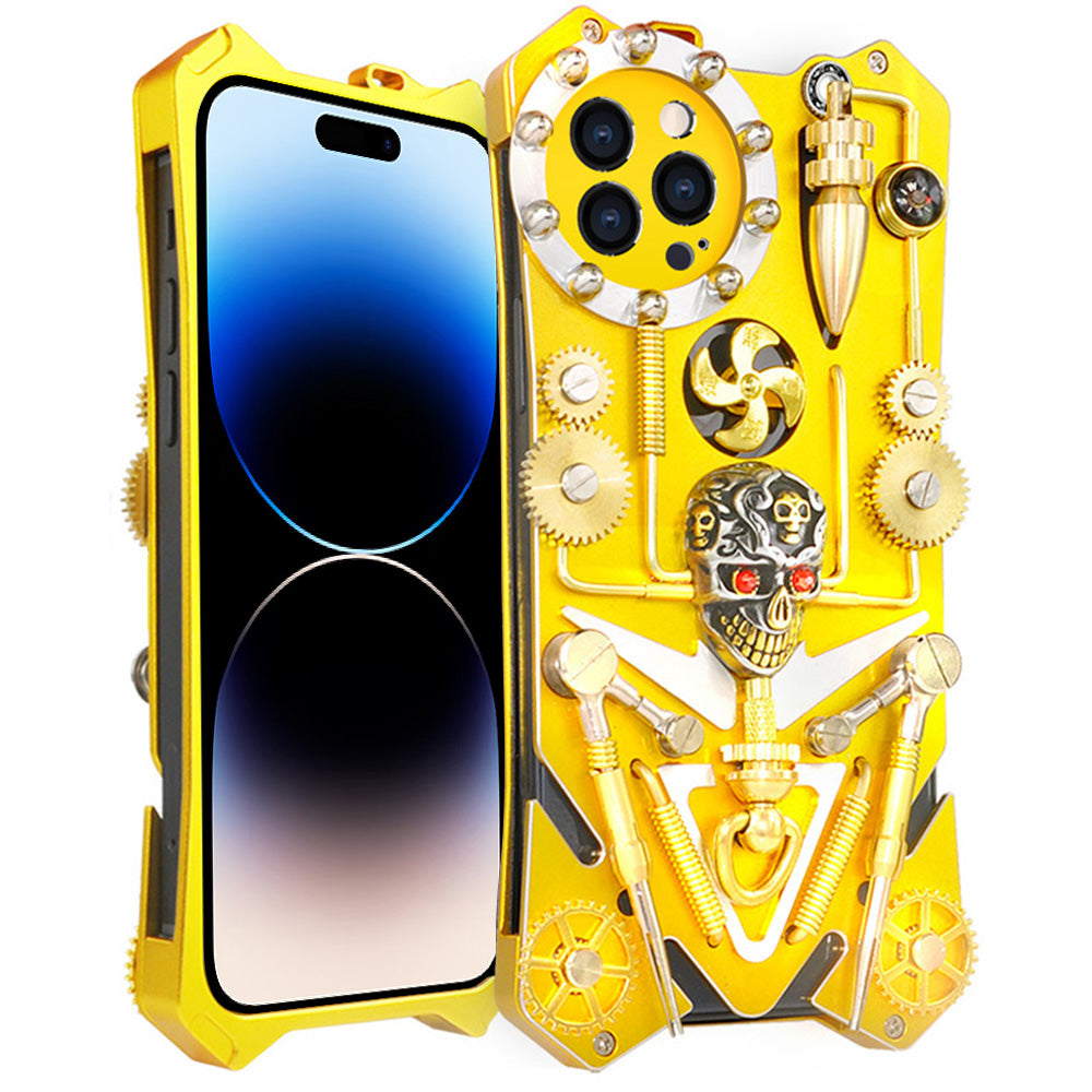 Kovový kryt telefonu Armor pro iPhone 14 Pro Mechanical Gear Ručně vyráběné pouzdro na telefon Skull odolné proti pádu