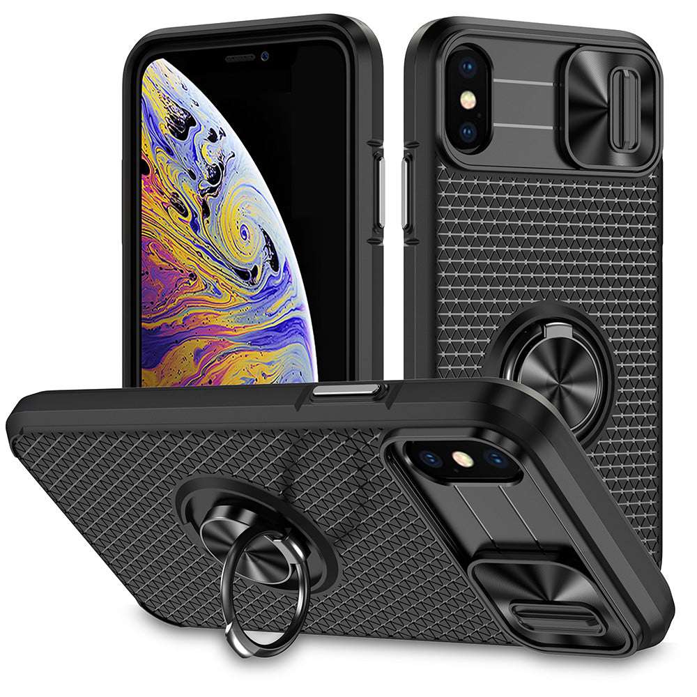 For iPhone X / XS 5.8 inch Ring Holder Kickstand Phone Case PC TPU Protective Cover with Slide Camera Protection
