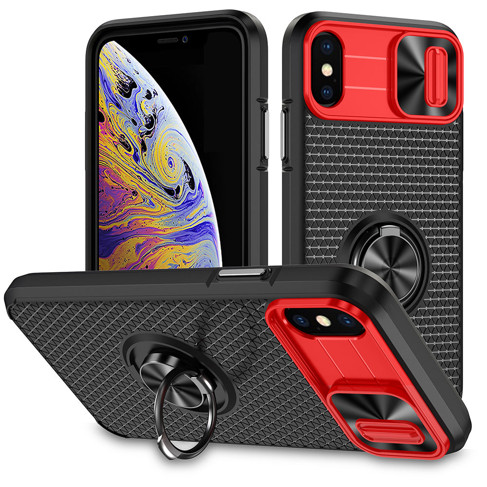 For iPhone X / XS 5.8 inch Ring Holder Kickstand Phone Case PC TPU Protective Cover with Slide Camera Protection