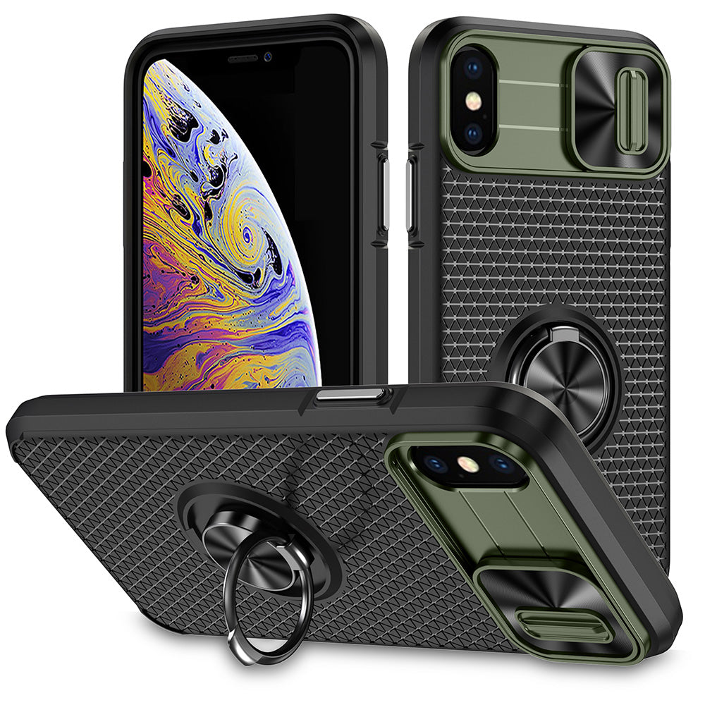 For iPhone X / XS 5.8 inch Ring Holder Kickstand Phone Case PC TPU Protective Cover with Slide Camera Protection