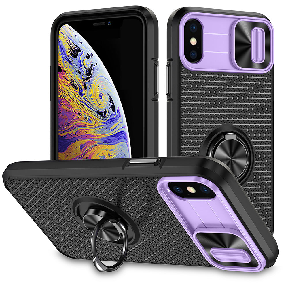 For iPhone X / XS 5.8 inch Ring Holder Kickstand Phone Case PC TPU Protective Cover with Slide Camera Protection