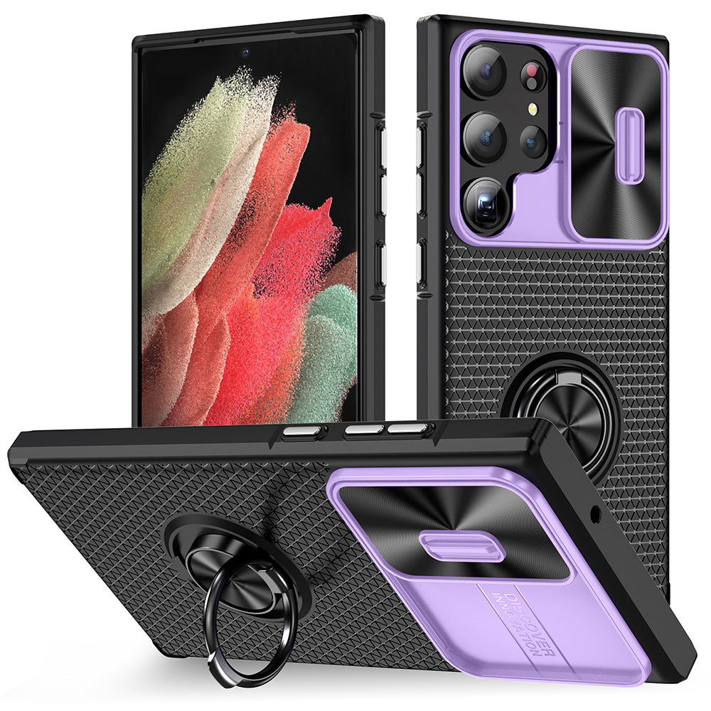 For Samsung Galaxy S23 Ultra Kickstand Phone Case PC TPU Back Rugged Cover with Slide Camera Protection