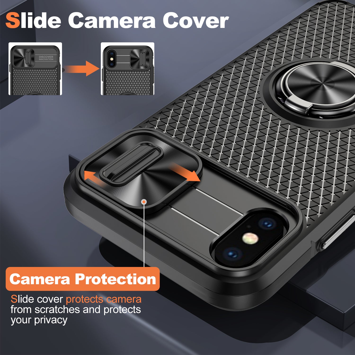 Phone Case for iPhone XS Max PC TPU Ring Kickstand Phone Shell with Camera Lens Cover