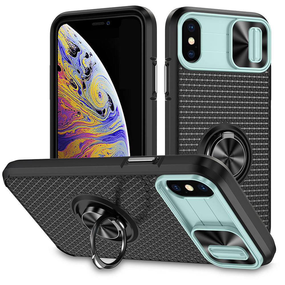 Phone Case for iPhone XS Max PC TPU Ring Kickstand Phone Shell with Camera Lens Cover