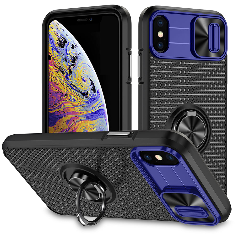Phone Case for iPhone XS Max PC TPU Ring Kickstand Phone Shell with Camera Lens Cover