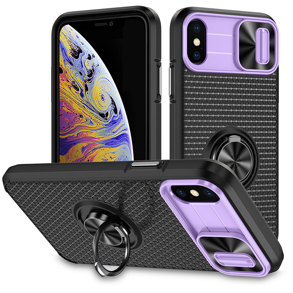 Phone Case for iPhone XS Max PC TPU Ring Kickstand Phone Shell with Camera Lens Cover