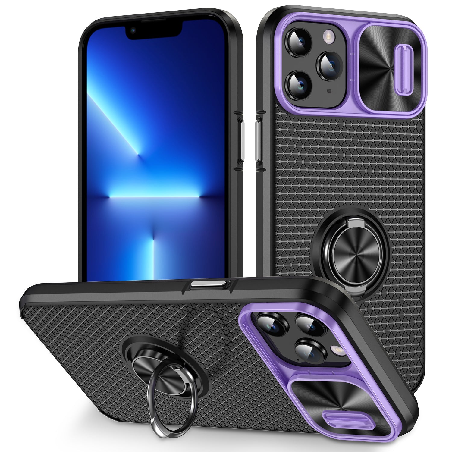 For iPhone 11 Pro Max PC TPU Phone Case Ring Kickstand Phone Cover with Slide Lens Protection