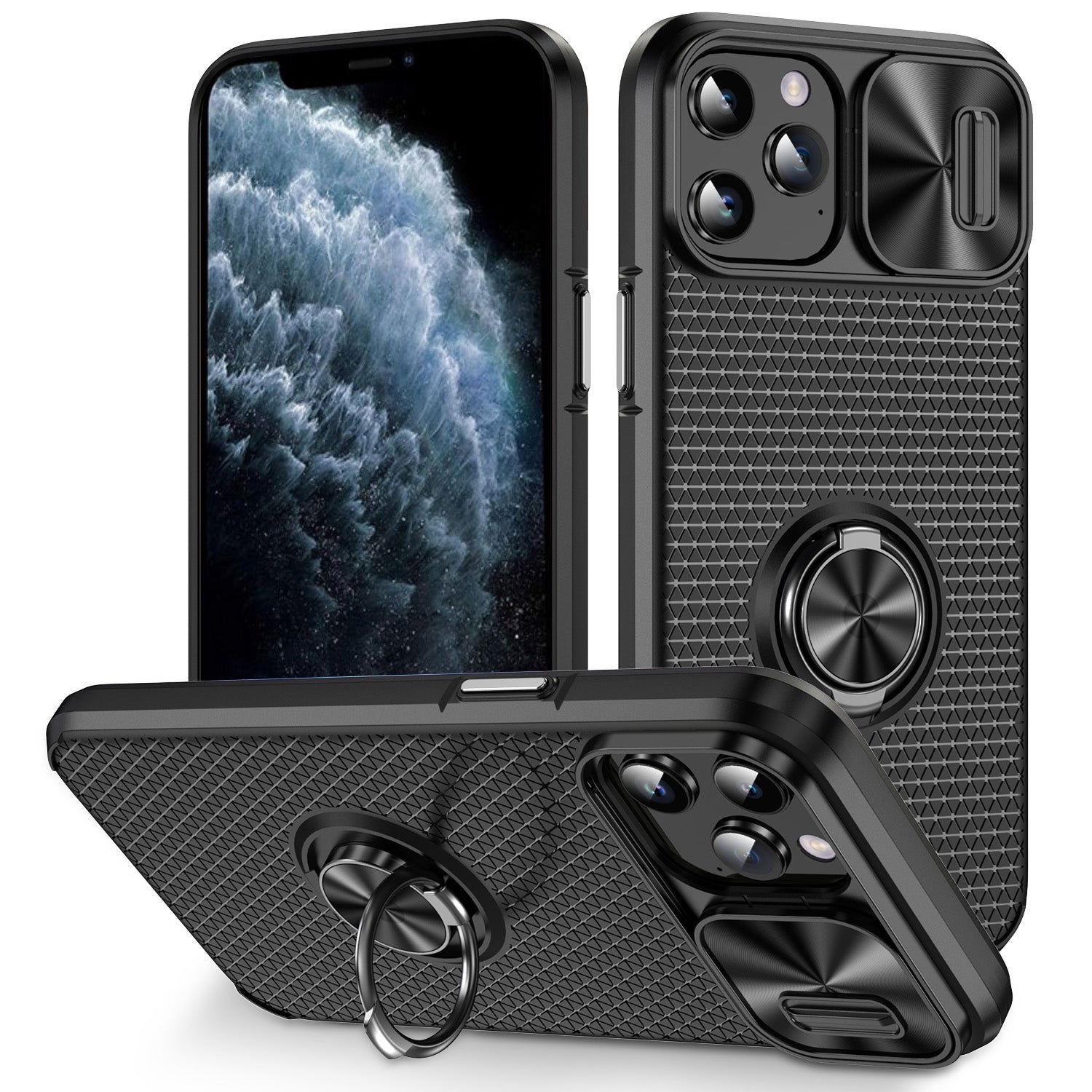 Ring Kickstand PC TPU Phone Case for iPhone 11 Pro Slide Camera Lens Cover Smartphone Case