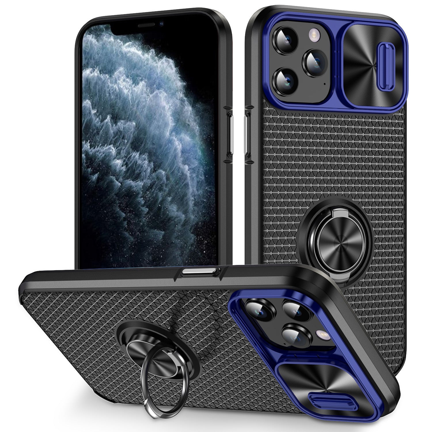 Ring Kickstand PC TPU Phone Case for iPhone 11 Pro Slide Camera Lens Cover Smartphone Case