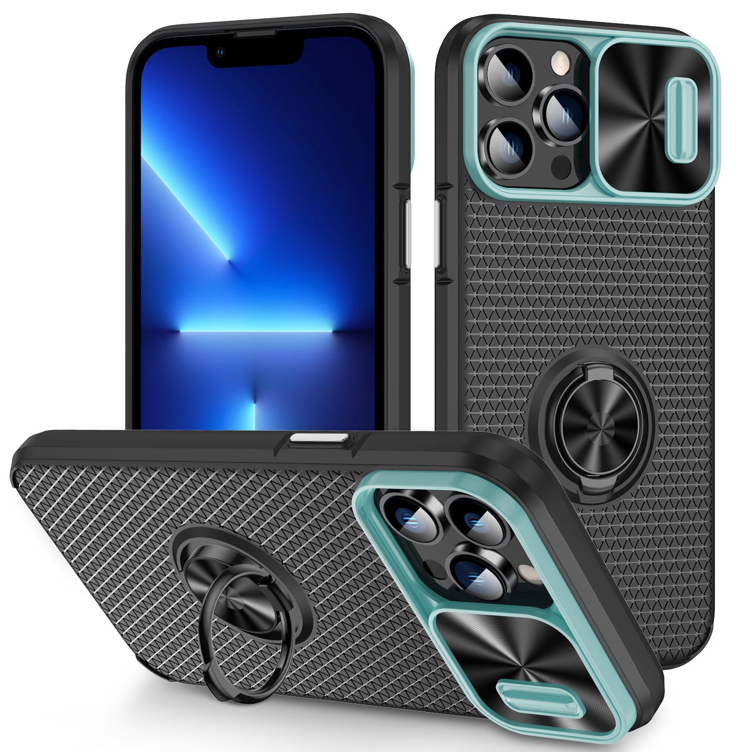 Phone Case for iPhone 13 Pro Max Ring Holder Kickstand Slide Lens Shield PC TPU Phone Cover