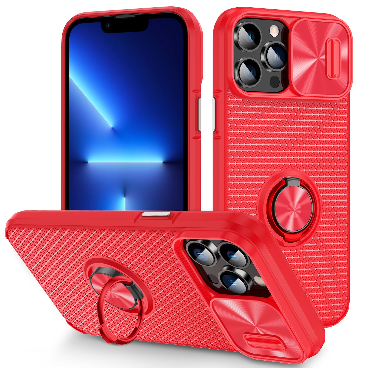 Phone Case for iPhone 13 Pro Max Ring Holder Kickstand Slide Lens Shield PC TPU Phone Cover