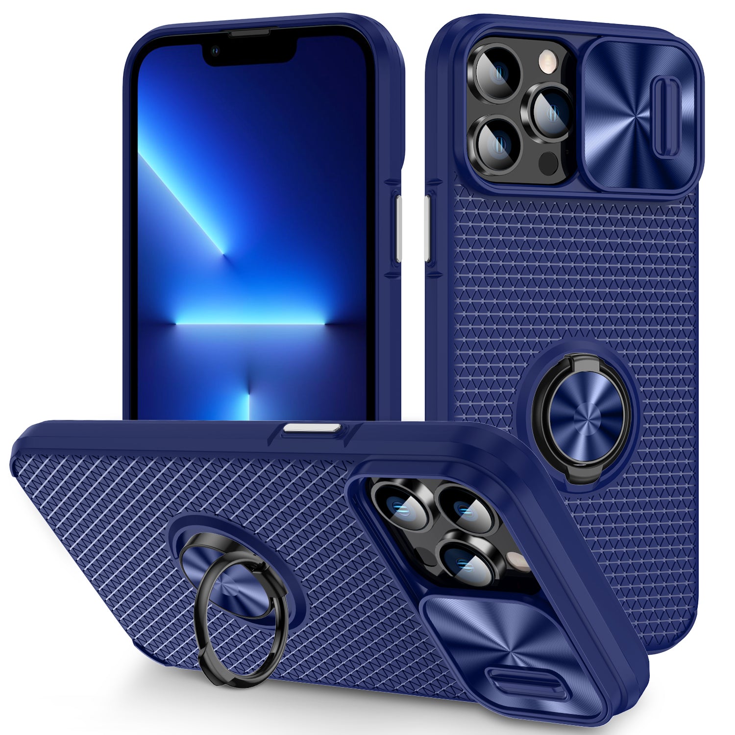 Phone Case for iPhone 13 Pro Max Ring Holder Kickstand Slide Lens Shield PC TPU Phone Cover