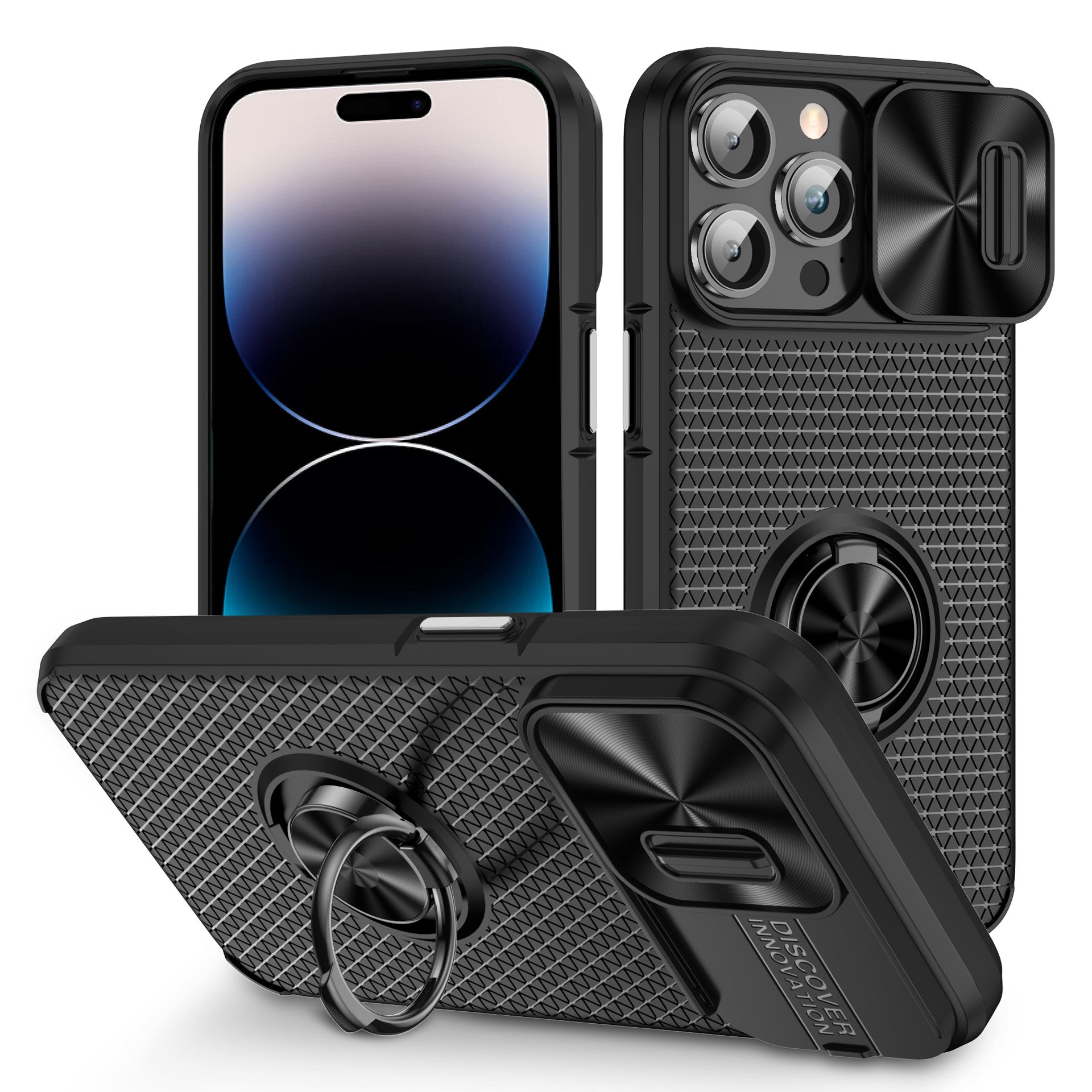 Ring Holder Kickstand Phone Cover for iPhone 14 Pro PC TPU Case with Slide Lens Protection