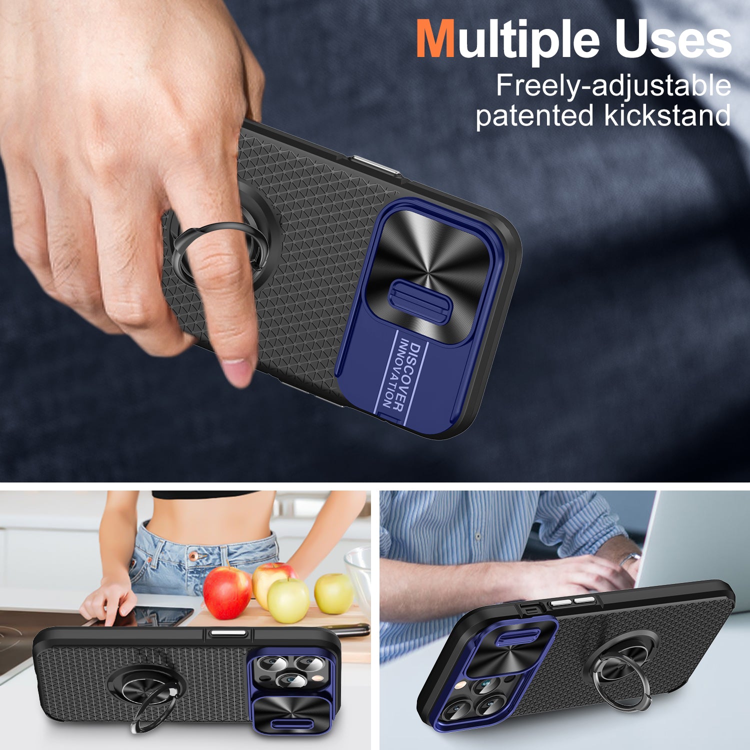 Ring Holder Kickstand Phone Cover for iPhone 14 Pro PC TPU Case with Slide Lens Protection