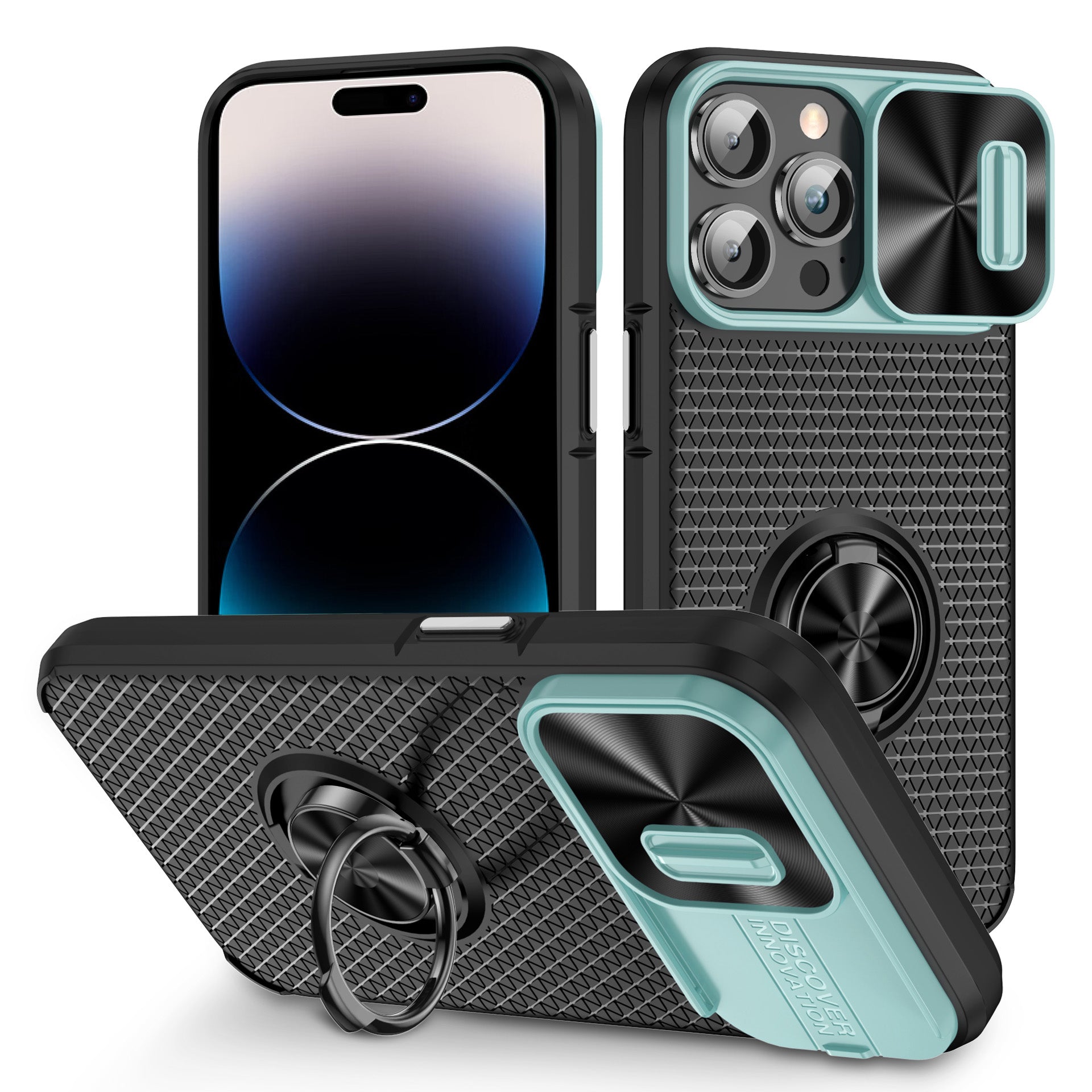 Ring Holder Kickstand Phone Cover for iPhone 14 Pro PC TPU Case with Slide Lens Protection