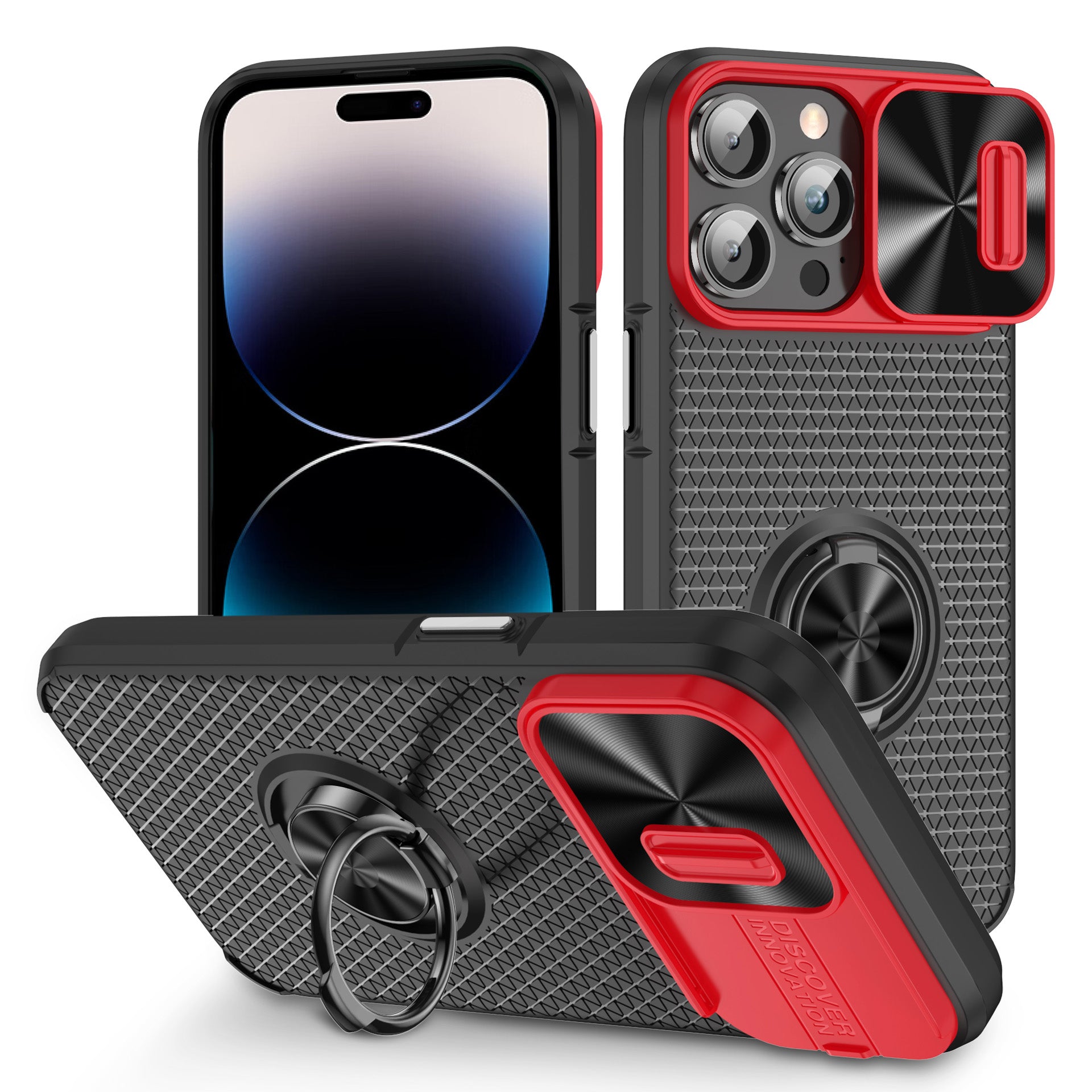 Ring Holder Kickstand Phone Cover for iPhone 14 Pro PC TPU Case with Slide Lens Protection