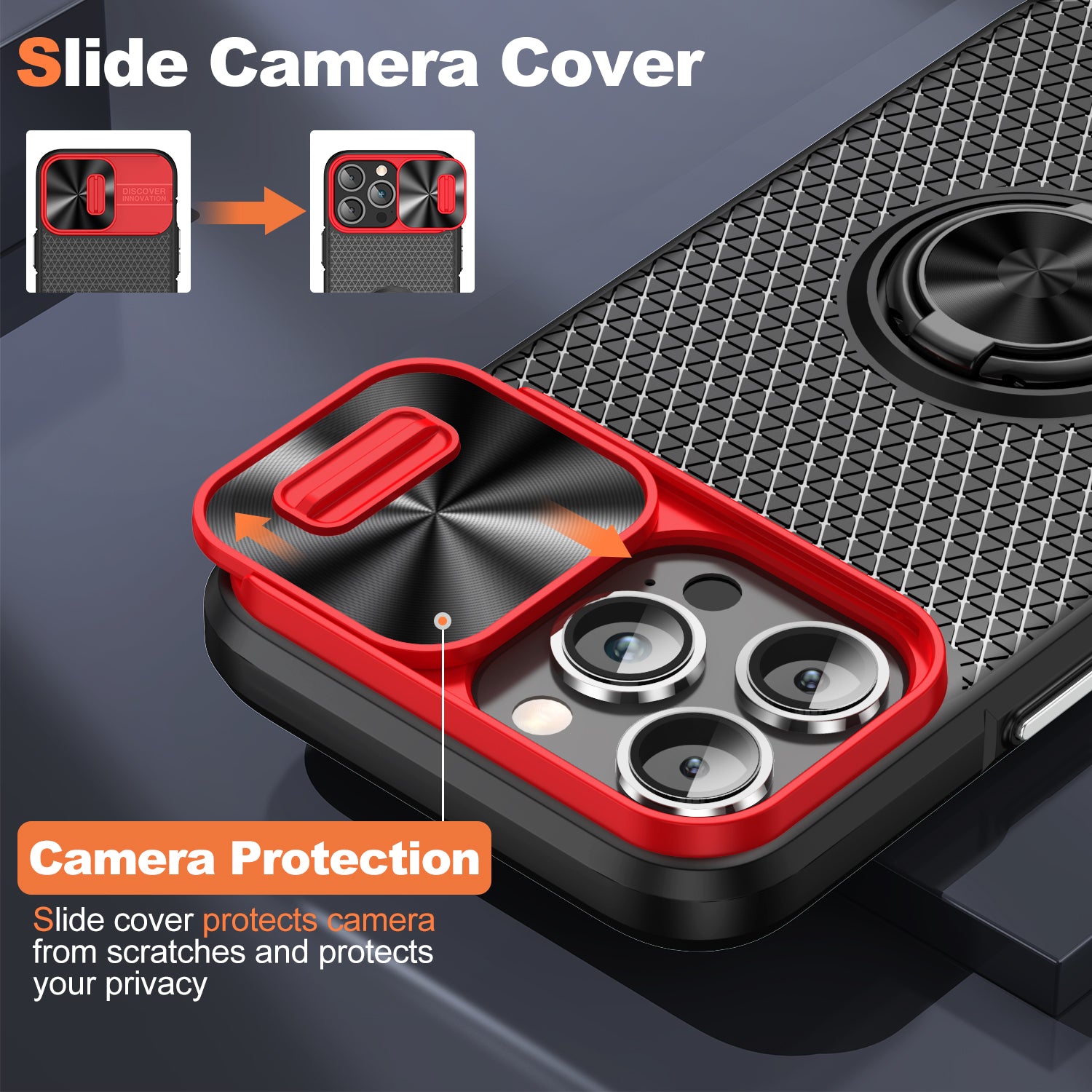 Ring Holder Kickstand Phone Cover for iPhone 14 Pro PC TPU Case with Slide Lens Protection