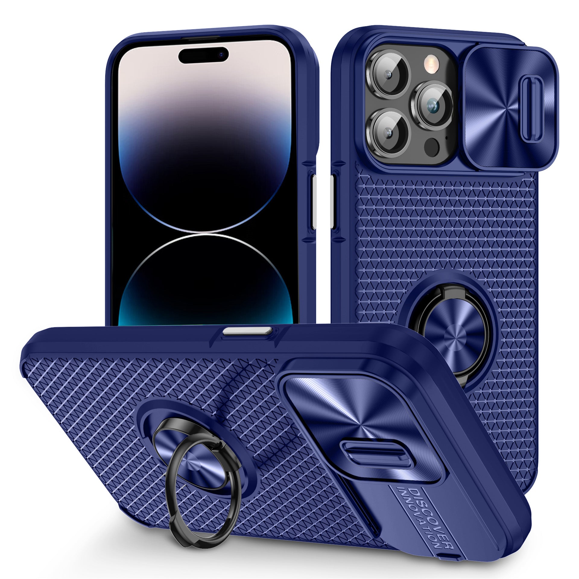Ring Holder Kickstand Phone Cover for iPhone 14 Pro PC TPU Case with Slide Lens Protection