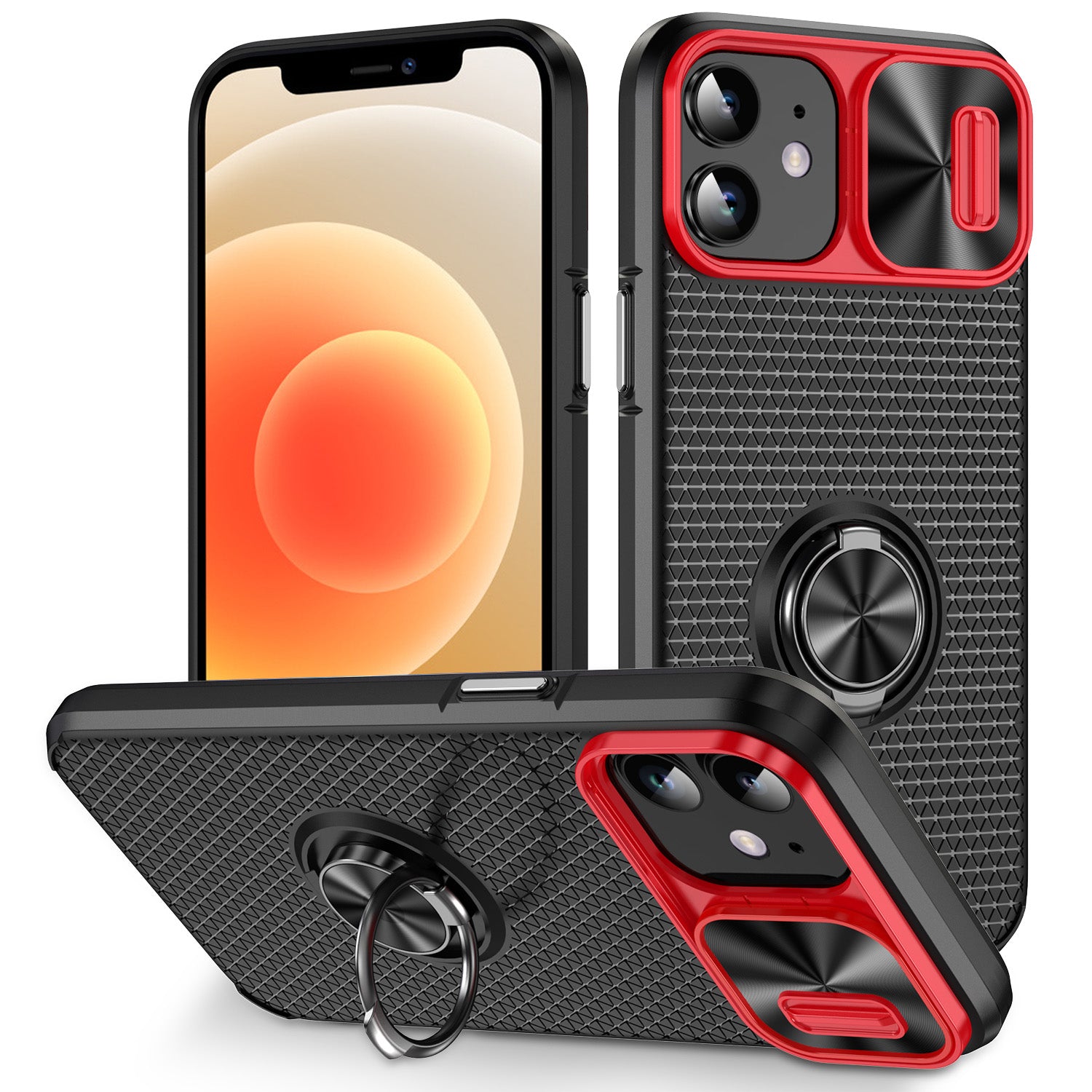 For iPhone 12 / 12 Pro Slide Lens Cover Phone Case Ring Kickstand PC TPU Cell Phone Shell